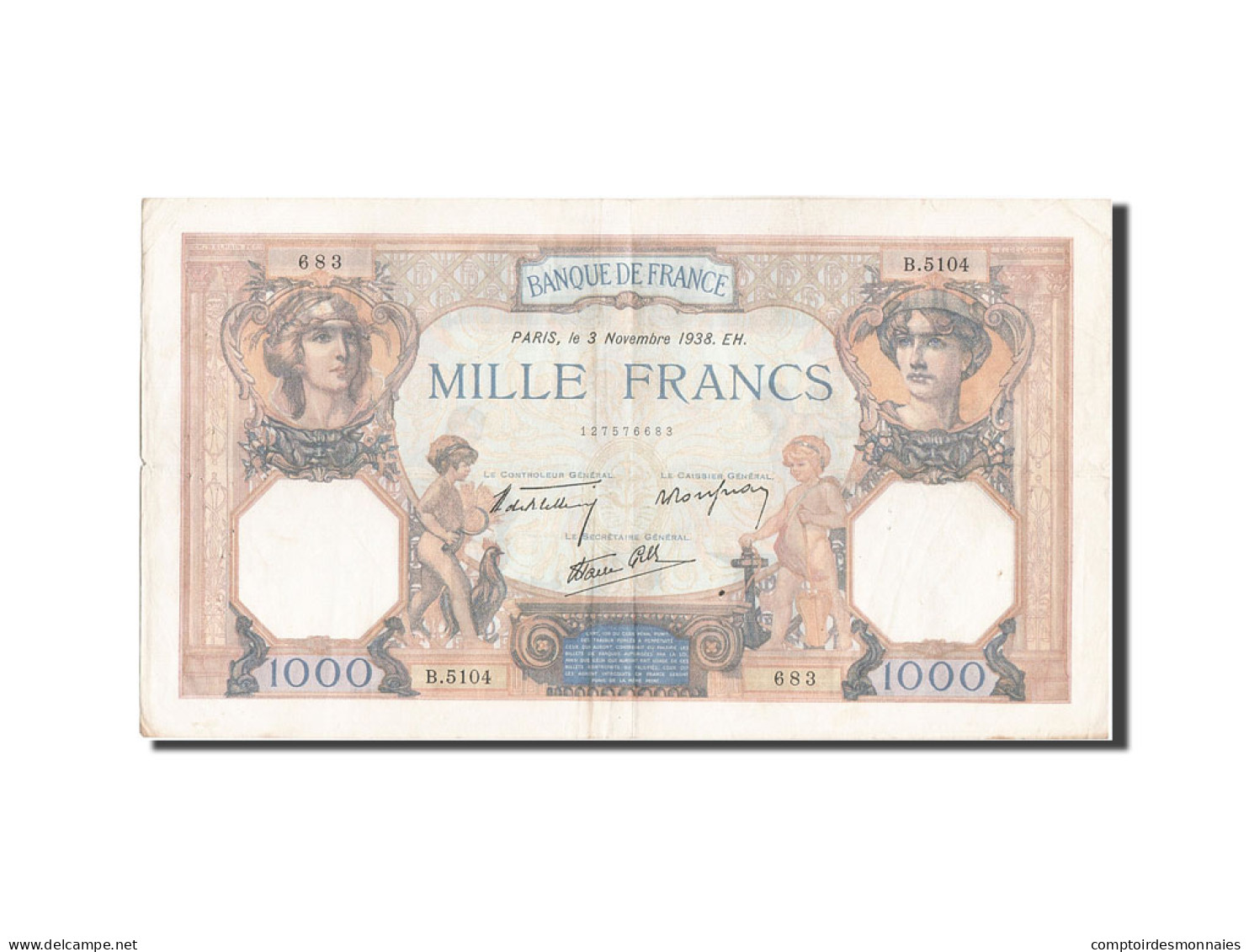 Billet, France, 1000 Francs, 1 000 F 1927-1940 ''Cérès Et Mercure'', 1938 - 1 000 F 1927-1940 ''Cérès Et Mercure''