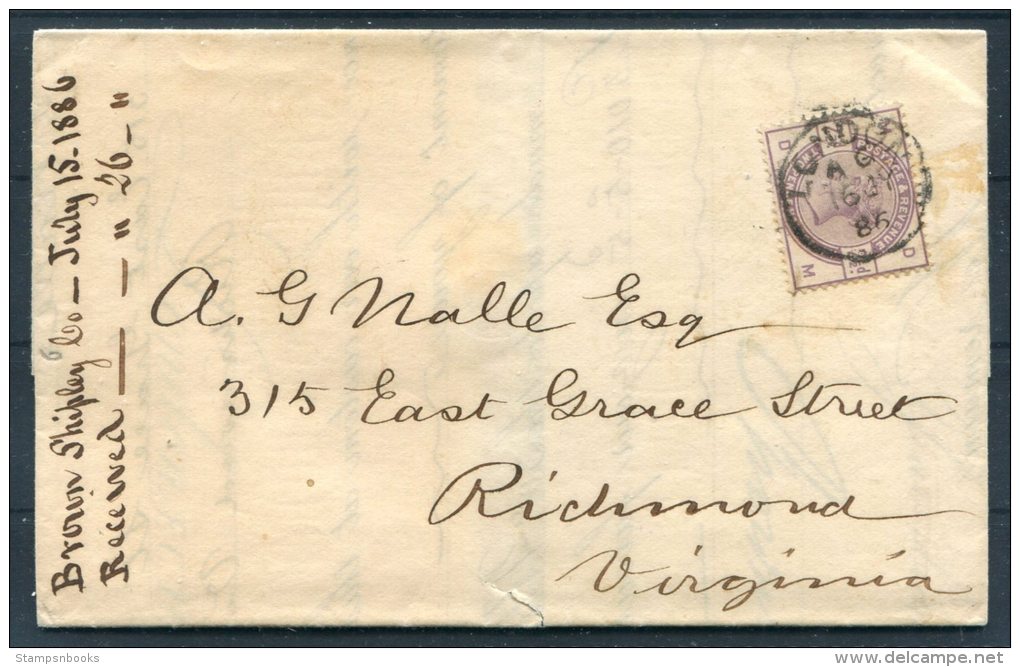 1886 GB QV Brown Shipping Company Cover London - Richmond Virginia Via New York USA - Lettres & Documents