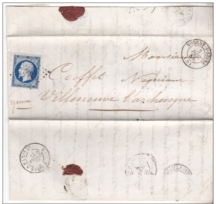 10 Nogent Sur Seine- Lettre De 1855avec N°14 Bleu Très Foncé/noir.au Verso Ambulant Troyes à Paris.             Aris Et - 1849-1876: Période Classique