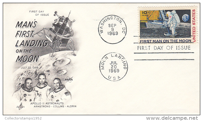 18425- SPACE, COSMOS, APOLLO 11, FIRST STEP ON THE MOON, CREW, PROBE, EMBOISED COVER FDC, 1969, USA - Noord-Amerika