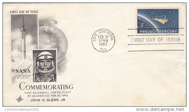 18426- SPACE, COSMOS, JOHN GLENN, FIRST ORBITAL FLIGHT, EMBOISED COVER FDC, 1962, USA - Amérique Du Nord