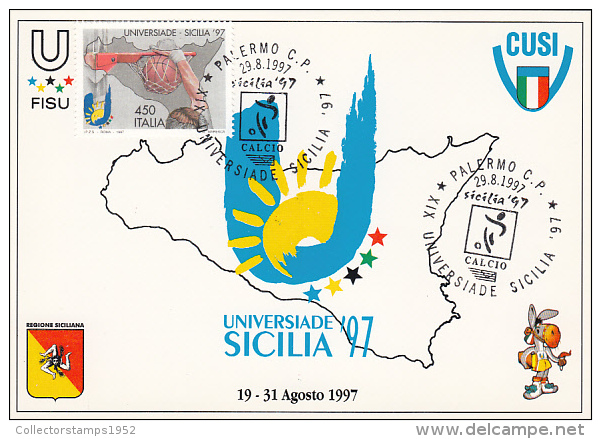 18490- SOCCER, BASKETBALL, SICILY'97 UNIVERSITY GAMES, MAXIMUM CARD, 1997, ITALY - Cartas & Documentos