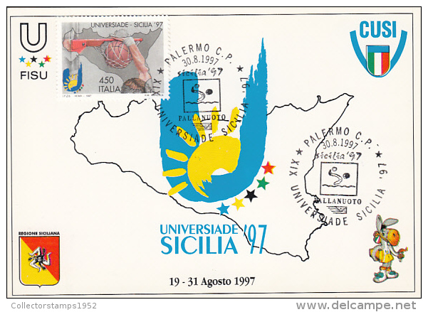 18494- WATER POLO, BASKETBALL, SICILY'97 UNIVERSITY GAMES, MAXIMUM CARD, 1997, ITALY - Water-Polo