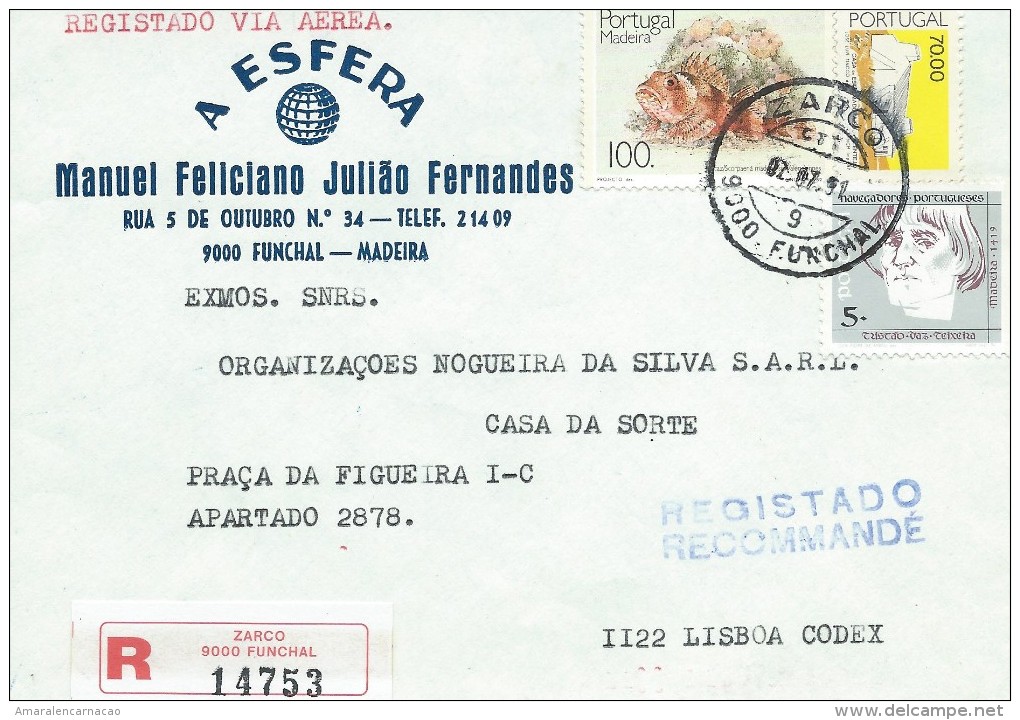 TIMBRES - STAMPS- LETTRE RECOMMANDÉ - MARCOPHILIE - PORTUGAL - CACHET 02-07-1991- ZARCO - FUNCHAL (MADEIRA) - Postal Logo & Postmarks