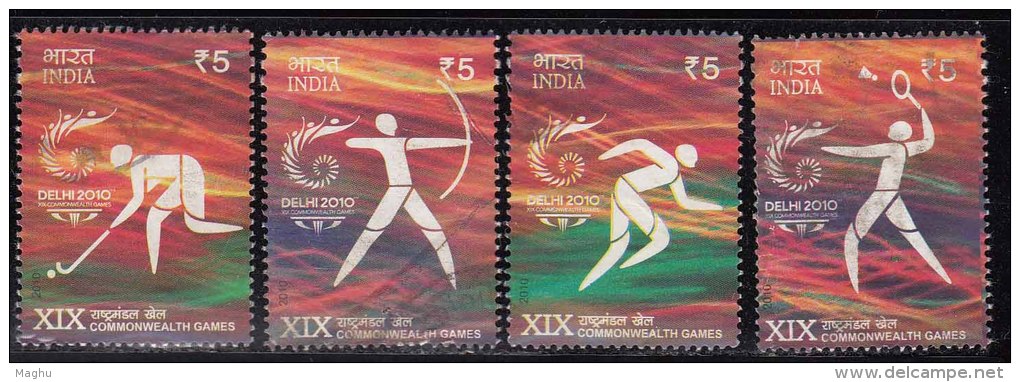 India Used 2010, Set Of 4, Commonwealth Games, Sport, Hockey, Badminton, Archery, Atheletics, - Oblitérés