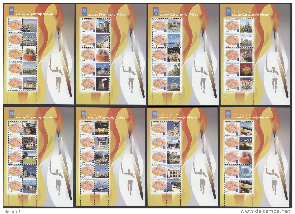 Greece 2004 Olympic Games Athens - Olympic Torch Relay (Part II) 8 Miniature Sheets K45-K52 MNH - Blokken & Velletjes