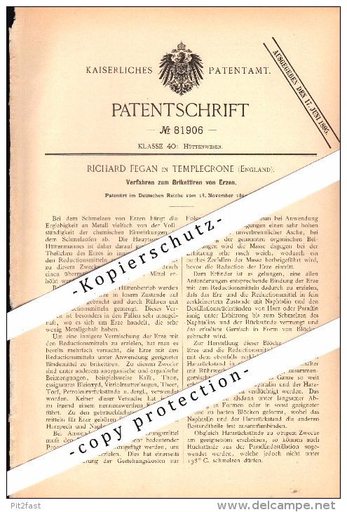 Original Patent - Richard Fegan In Templecrone B. Donegal , Ireland , 1894 , Production Of Briquettes From Ore !!! - Donegal