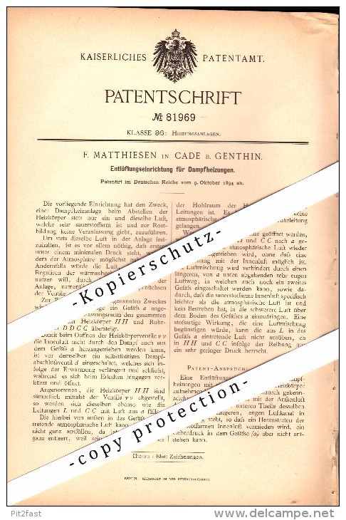 Original Patent - F. Matthiesen In Cade B. Genthin , 1894 , Entlüftung Für Dampfheizung !!! - Genthin