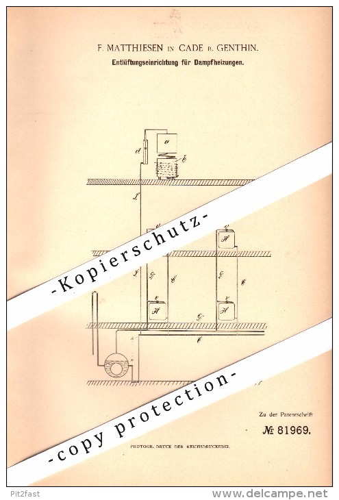 Original Patent - F. Matthiesen In Cade B. Genthin , 1894 , Entlüftung Für Dampfheizung !!! - Genthin