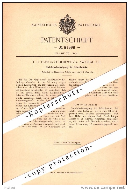 Original Patent - L.O. Eger In Schedewitz B. Zwickau , 1894 , Billardstöcke , Billard , Queue !!! - Zwickau