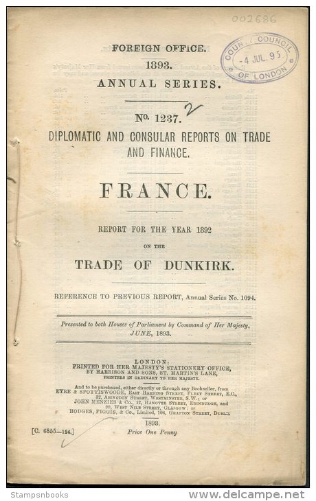 1892 HMSO UK Government Foreign Office Diplomatic Consular Report - Trade &amp; Finance France - Dunkirk - Historical Documents