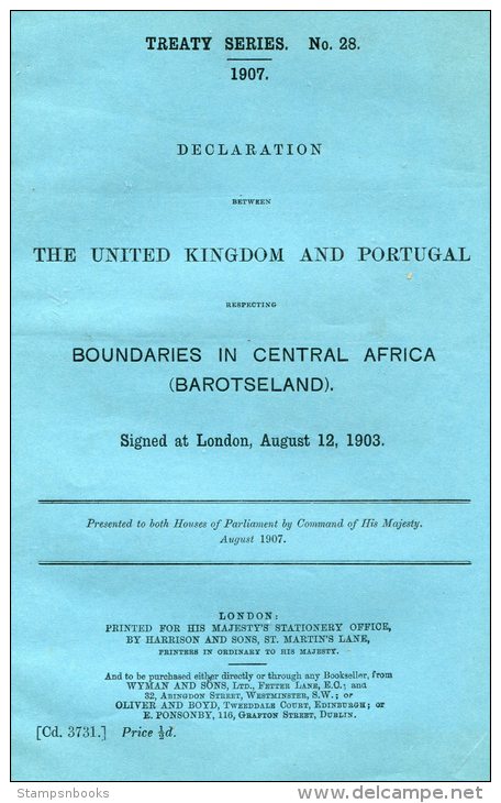 1907 HMSO Government Report Treaty Series UK &amp; Portugal - Bounderies In Central Africa - Barotseland - Historical Documents