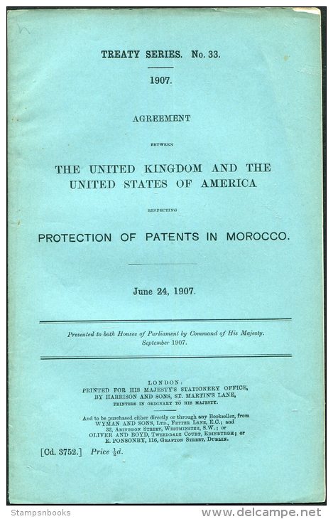 1907 HMSO Government Report Treaty Series UK &amp; USA - Protection Of Patents In Morocco - Historical Documents