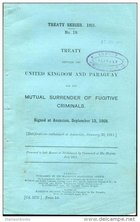 1911 HMSO Government Report Treaty Series UK &amp; Paraguay - Mutual Surrender Of Fugitive Criminals - Historical Documents