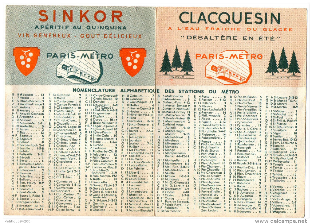 PLAN METRO RATP PUBLICITE  Apéritifs *Clacquesin *Sinkor - Europa