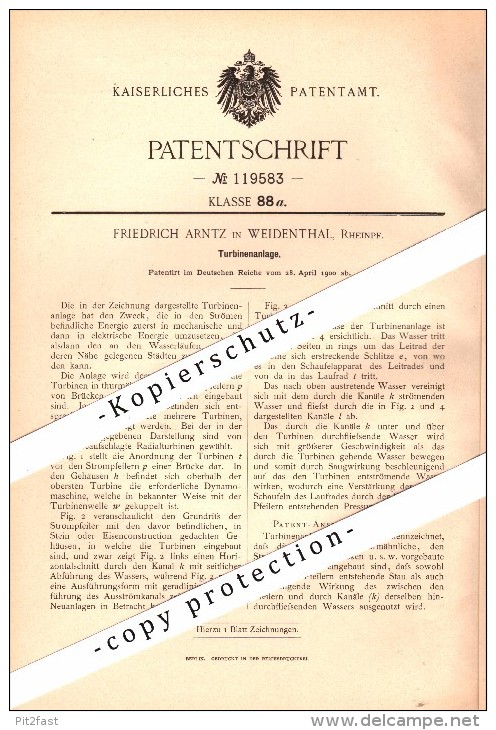 Original Patent - Friedrich Arntz In Weidenthal B. Bad Dürkheim , 1900 , Turbinenanlage ,  Turbine !!! - Bad Duerkheim