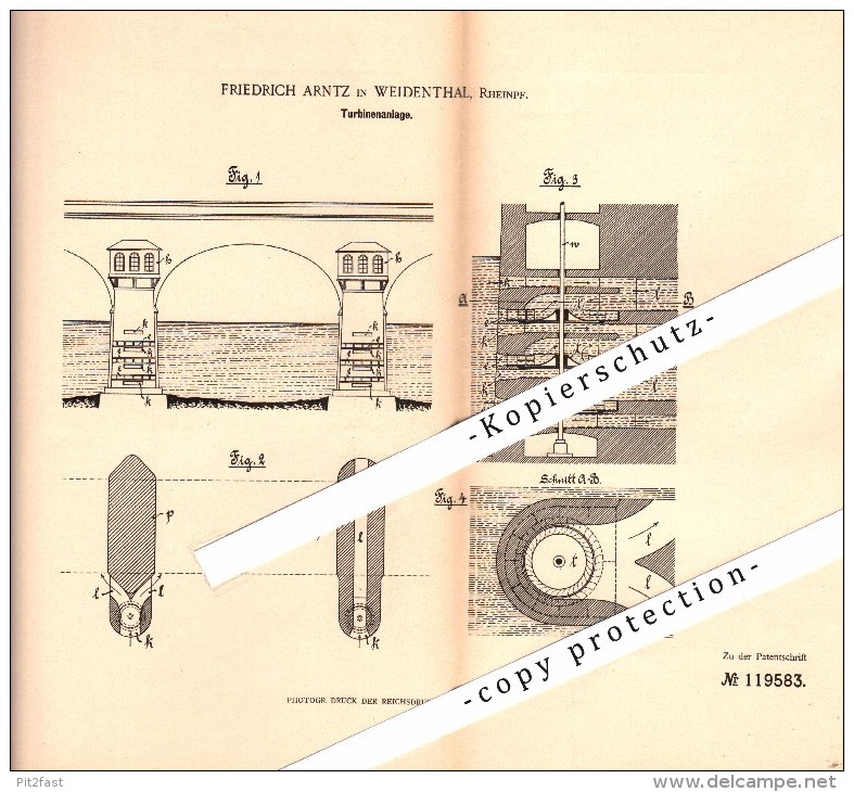 Original Patent - Friedrich Arntz In Weidenthal B. Bad Dürkheim , 1900 , Turbinenanlage ,  Turbine !!! - Bad Duerkheim