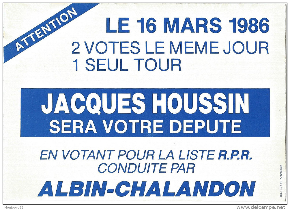 Carte Document De Jacques HOUSSIN Maire-Conseiller Général  16 Mars 1986 - Autres & Non Classés