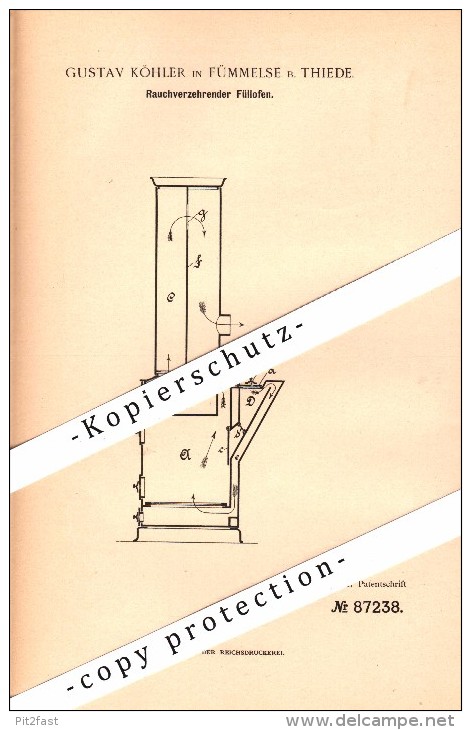 Original Patent - Gustav Köhler In Fümmelse B. Thiede / Wolfenbüttel , 1895 , Rauchverzehrender Füllofen , Heizungsbau ! - Wolfenbuettel