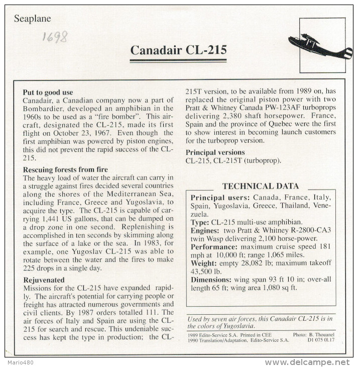 CANADAIR  CL-215          (NUOVO CON DESCRIZIONE E SCHEDA  TECNICA)  2SCAN - 1946-....: Moderne