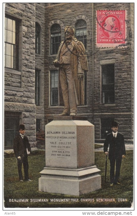 New Haven Connecticut, Yale Campus Statue Benjamin Sillimann Monument, C1900s Vintage Postcard - New Haven