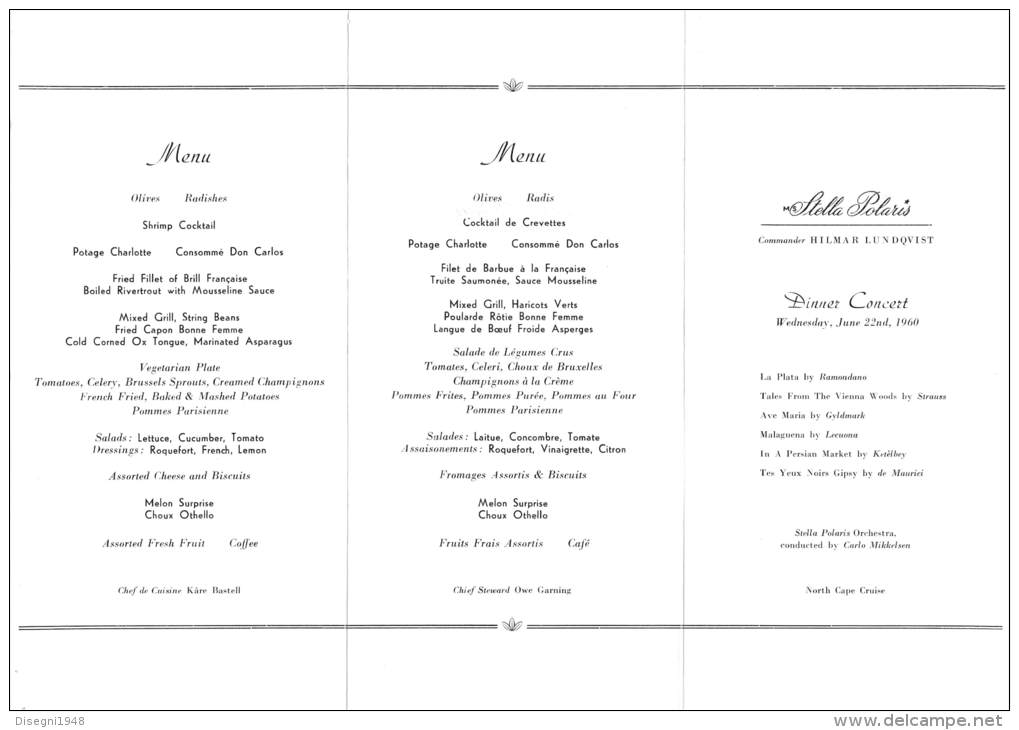 03371 "MS STELLA POLARIS CLIPPER LINE - NORTH CAPE CRUISE - DINNER CONCERT - WEDN. , JUNE  22ND, 1960". MENU ORIGINALE. - Menus