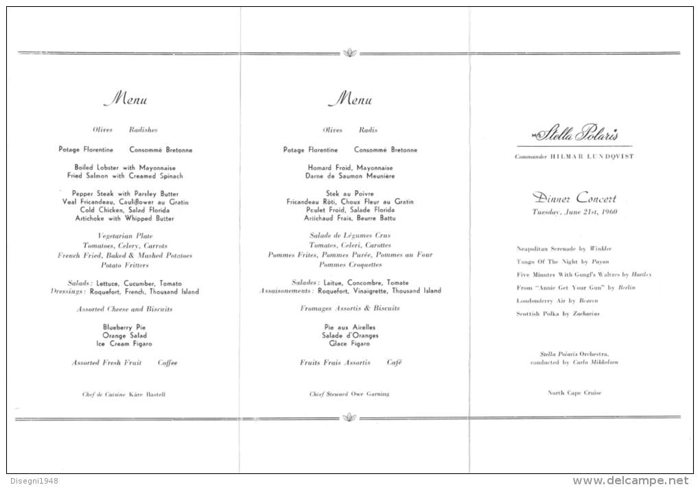 03372 "MS STELLA POLARIS CLIPPER LINE - NORTH CAPE CRUISE - DINNER CONCERT - TUESDAY , JUNE 21ST, 1960". MENU ORIGINALE. - Menus