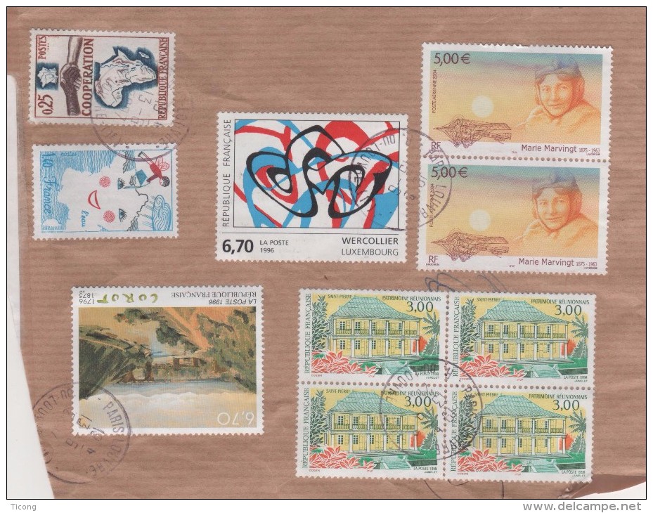 FRANCE PETITE COLLECTION SUR FRAGMENT DE TIMBRES AVEC CACHETS MANUELS RONDS ( PAIRE, BLOC DE QUATRE, POSTE AERIENNE ) - Verzamelingen