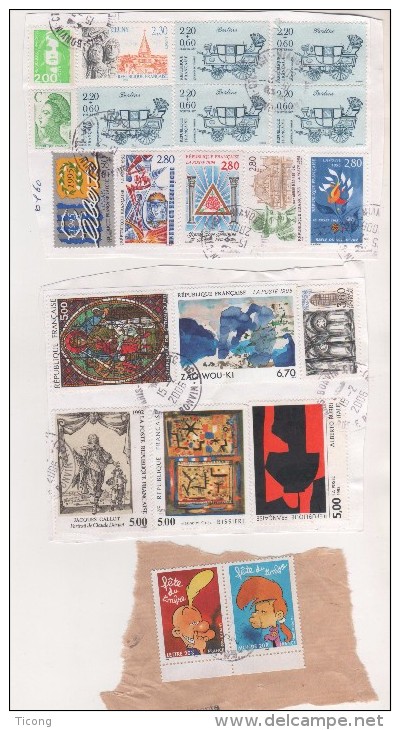 FRANCE PETITE COLLECTION SUR FRAGMENT DE TIMBRES AVEC CACHETS MANUELS RONDS ( PAIRE, BLOC DE QUATRE, POSTE AERIENNE ) - Verzamelingen