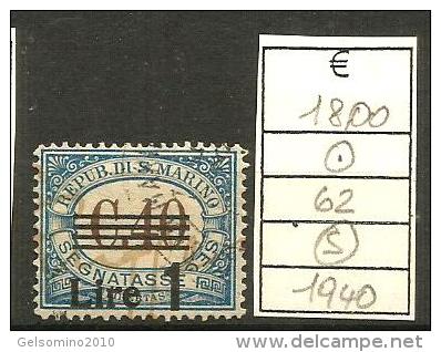 1940 SAN MARINO  Segnatasse Val.  Lire 1  N.62  Usato - Gebraucht