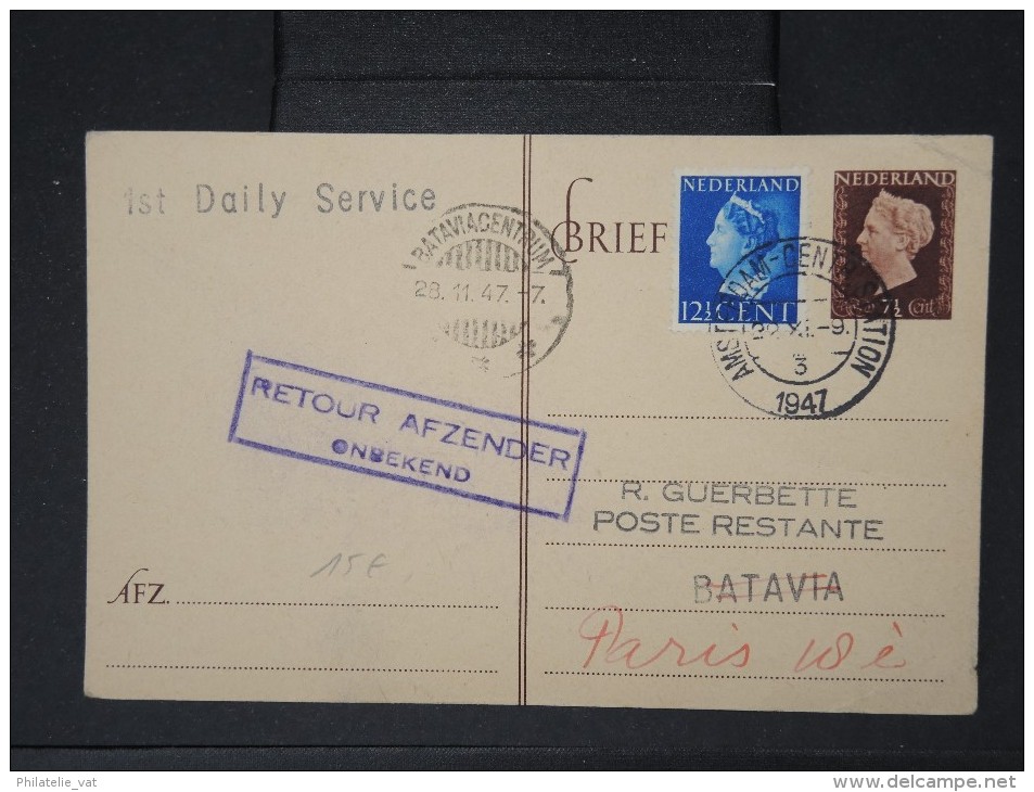 PAYS BAS- 1ER Vol De Amsterdam Pour Batavia Et Retour A Paris Sur Entier Postal En 1947  LOT P4537 - Poststempels/ Marcofilie