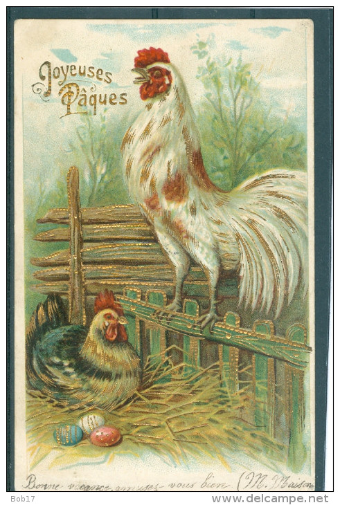 Relief - Gaufrée - Embossed - Prage - Poule + Coq -TBE - Superbe Précurseur - Pâques