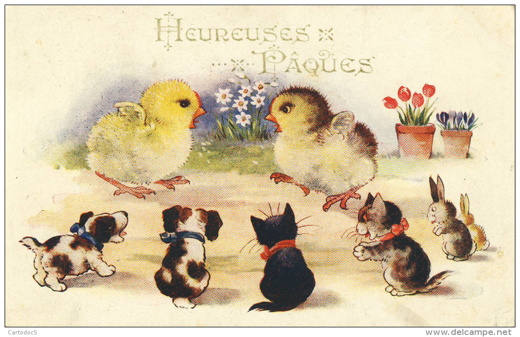 Chats  Heureuses Pâques Poussins Chiens Lapins Chat    Cpa - Katten