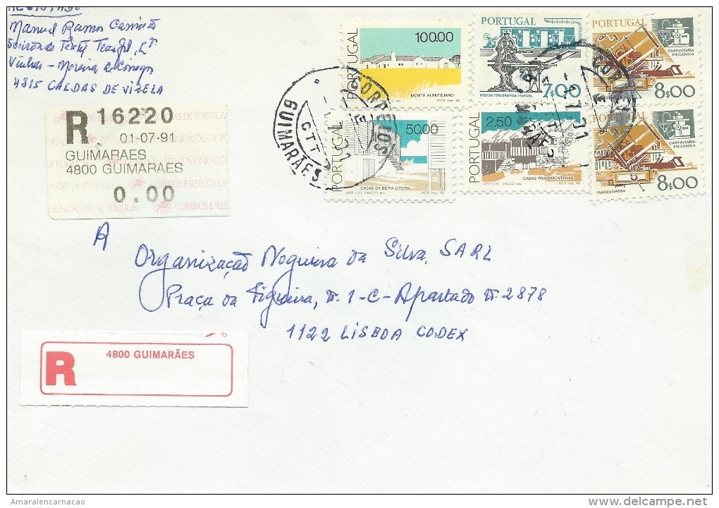 TIMBRES - STAMPS- MARCOPHILIE - PORTUGAL - INSTRUMENTS NAUTIQUES ET  MAISONS TYPIQUES - CACHET 01-07-1991 - GUIMARÃES - Postal Logo & Postmarks