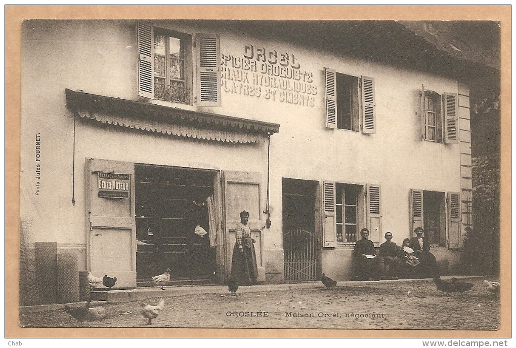 RARE - Groslée. Maison Orcel, Négociant  - ORCEL - EPICIER DROGUISTE,CHAUX,PLATRES Et CIMENTS - Pub Essence BENZO MOTEUR - Non Classés