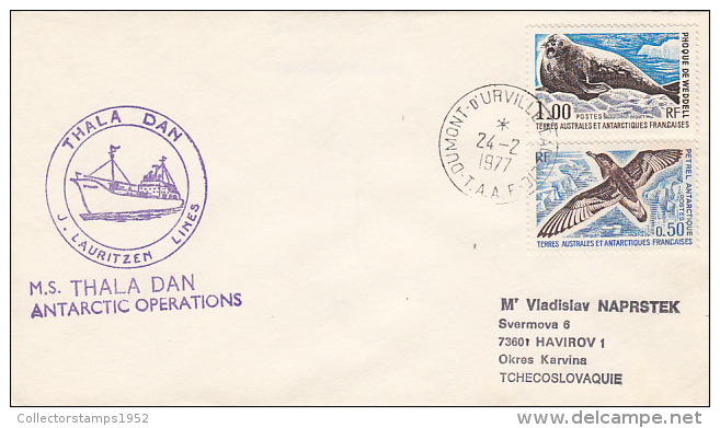 18526- THALA DAN, POLAR SHIP SPECIAL POSTMARK, SEAL AND GULL STAMPS ON COVER, 1977, T.A.A.F. - Navires & Brise-glace