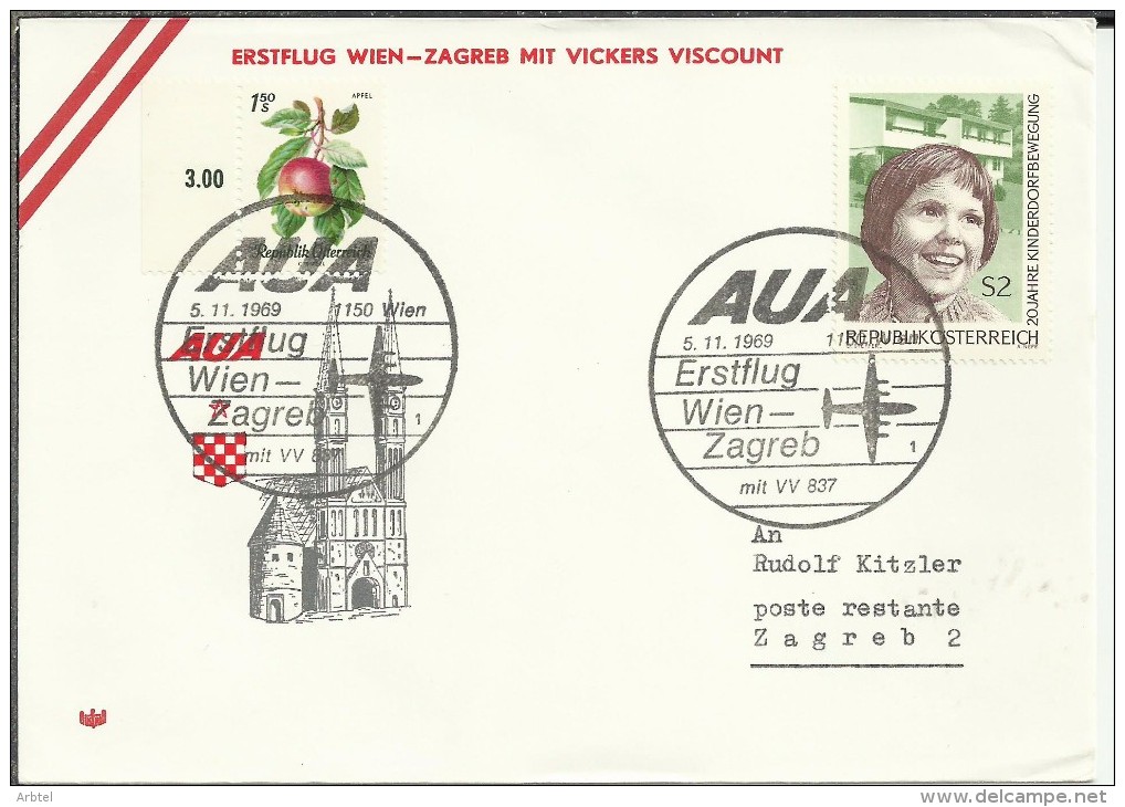 AUSTRIA CC PRIMER VUELO WIEN ZAGREB AL DORSO LLEGADA 1969 - Erst- U. Sonderflugbriefe