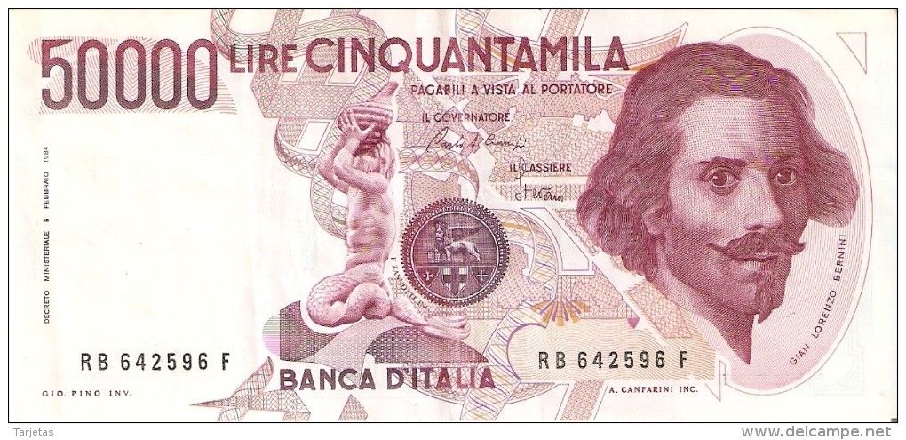 BILLETE DE ITALIA DE 50000 LIRAS DEL AÑO 1984 DE LORENZO BERNINI (BANKNOTE) DIFERENTES FIRMAS - 50000 Liras