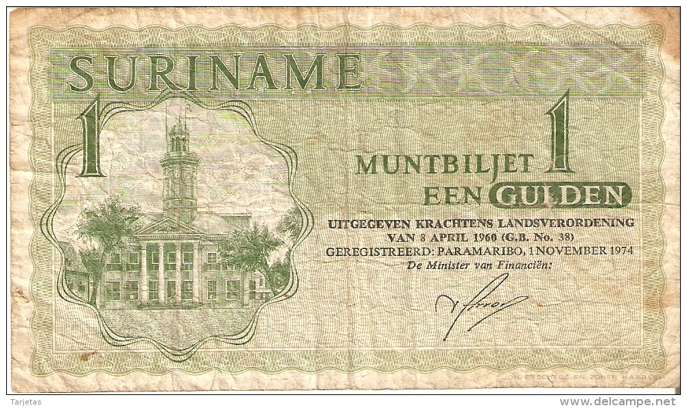 BILLETE DE SURINAM DE 1 GULDEN DEL AÑO 1974 (BANKNOTE) - Surinam