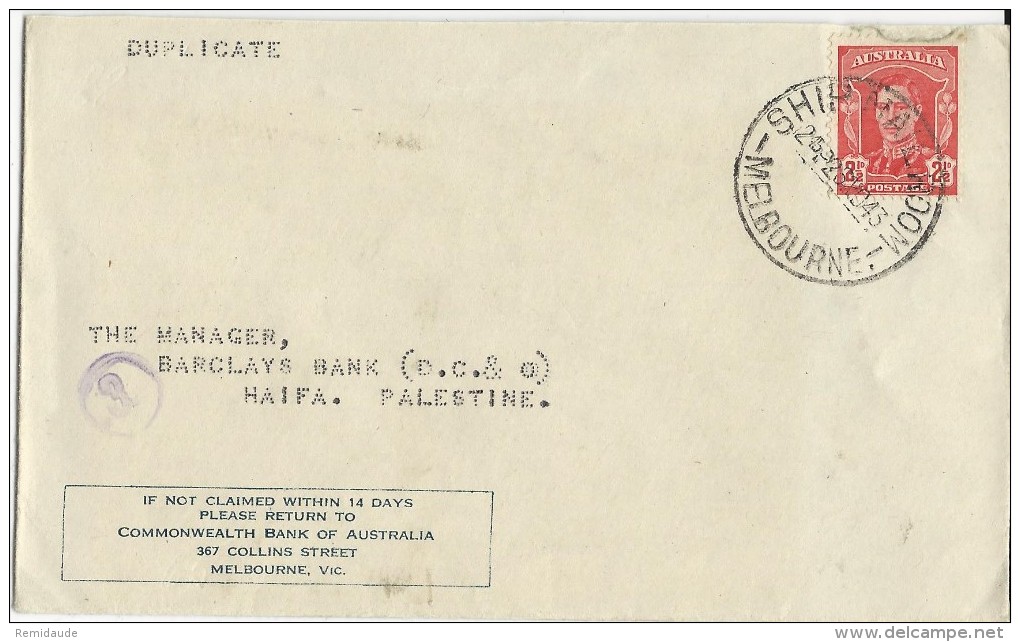 AUSTRALIA - 1943 - ENVELOPPE Avec OBLITERATION MARITIME "SHIP MAIL ROOM" à MELBOURNE Pour HAIFA (PALESTINE) - Marcophilie