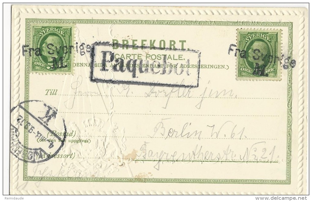 SUEDE - 1898 - CARTE Avec OBLITERATION MARITIME "FRA SVERIGE M. PAQUEBOT" De MALMÖ Pour BERLIN - 1885-1911 Oscar II