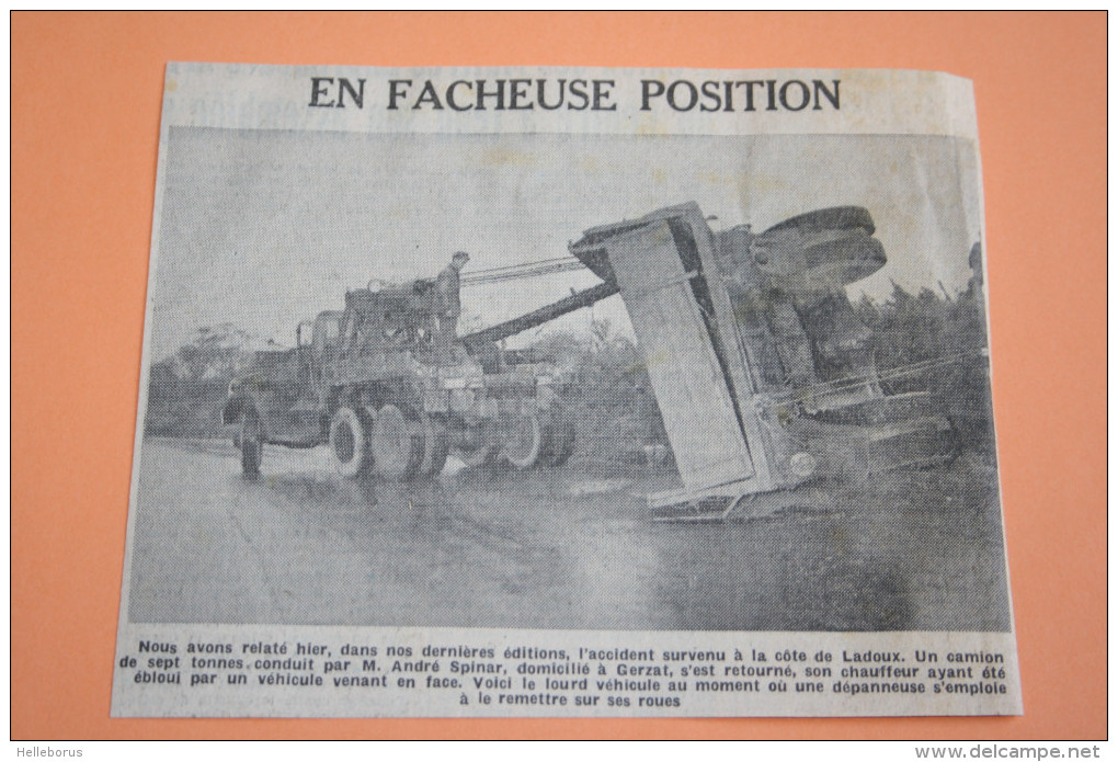 Coupure Presse Puy De Dôme 1961 Accident Camion Ladoux CLERMONT FERRAND RIOM MENETROL - Historical Documents