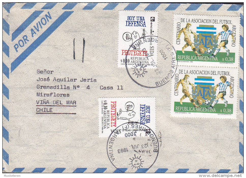 Argentina Por Avion BUENOS AIRES 1993 Cover Letra VINA DEL MAR Chile Futbol Football Fussball & Condom Stamps (2 Scans) - Covers & Documents