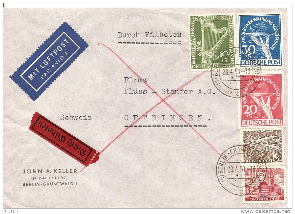 1951 Deutschland, Express - Brief, Luftpost Berlin 28.4.51 Nach Schweiz, Mi 69, 70, 72, + +, Siehe Scans! - Briefe U. Dokumente