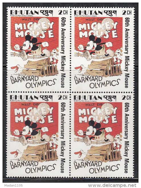 BHUTAN, 1988, 1989,  60th Anniversary  Mickey Mouse, DISNEY,  1 Value (2 Ch,) Block Of 4,MNH(**) - Disney