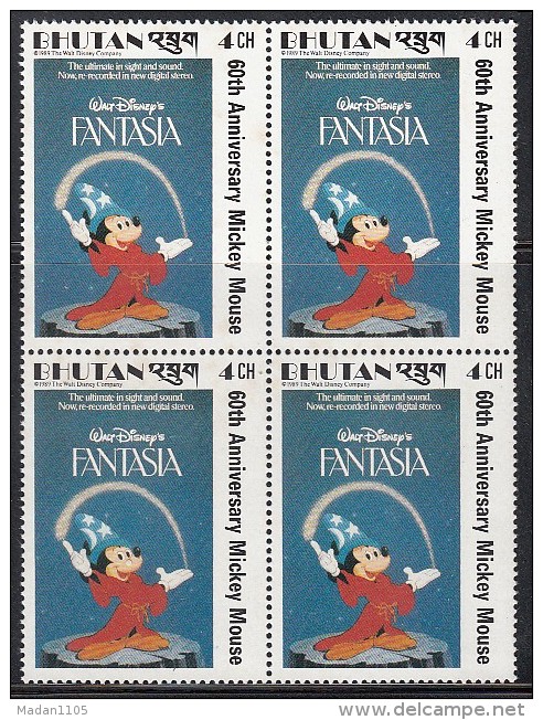 BHUTAN, 1988, 1989,  60th Anniversary  Mickey Mouse, DISNEY,  1 Value (4 Ch,), Block Of 4,MNH(**) - Disney