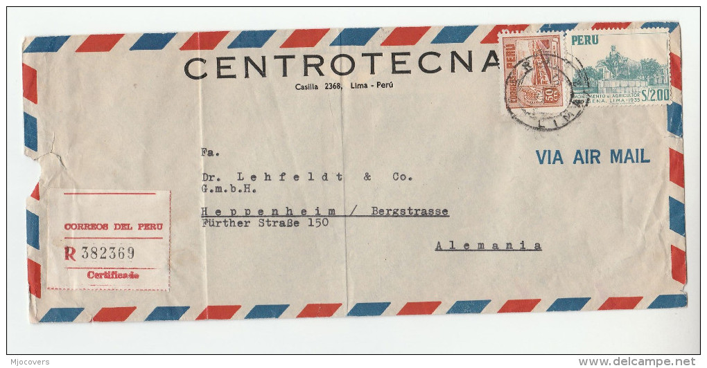 1953 REGISTERED Air Mail PERU Stamps COVER To Germany - Peru