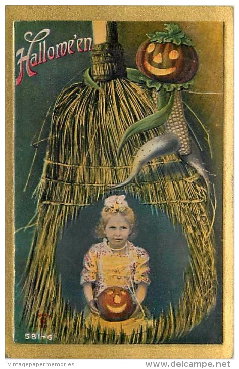 238819-Halloween, P Sander No 581-6, Girl With JOL Inside Broom Bristles Frame, Jack O Lantern Corn Man - Halloween