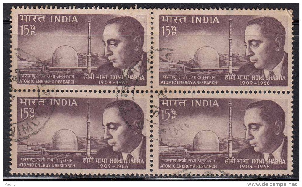 Postal Used Block Of 4 , India 1966   Dr. Homi Jehangir Bhabha, Scientist, Science, Atomic Reactor, Energy - Blocks & Sheetlets