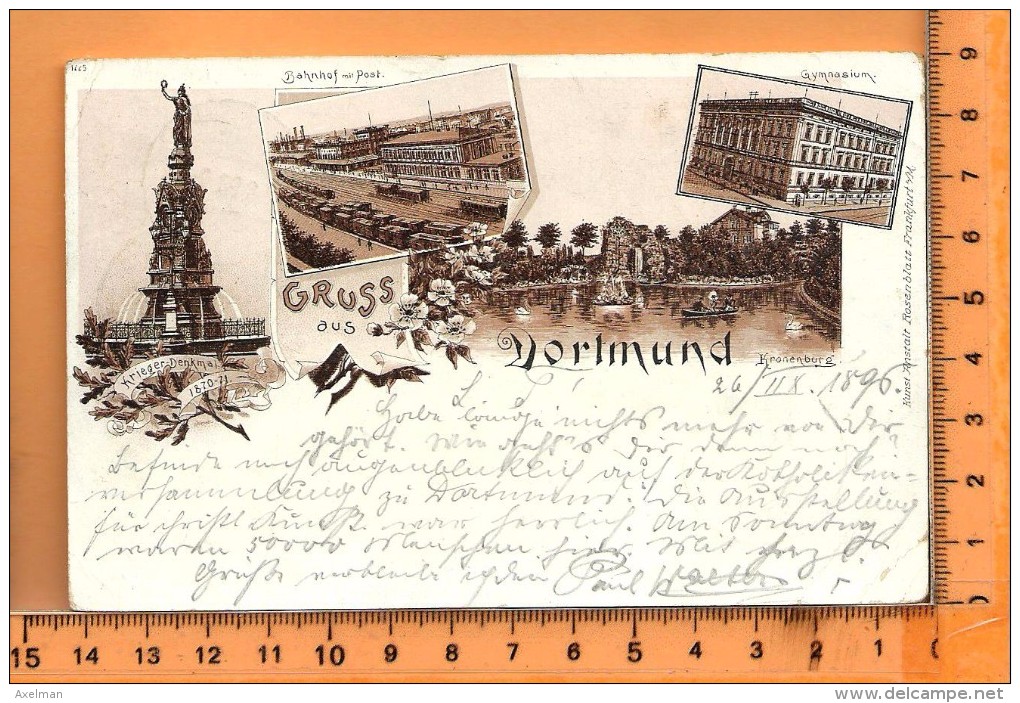 DORTMUND: Lithographie Multi Vues, Gruss, Bahnhof, Post, Kronenburg, Krieger-Denkmal - Dortmund